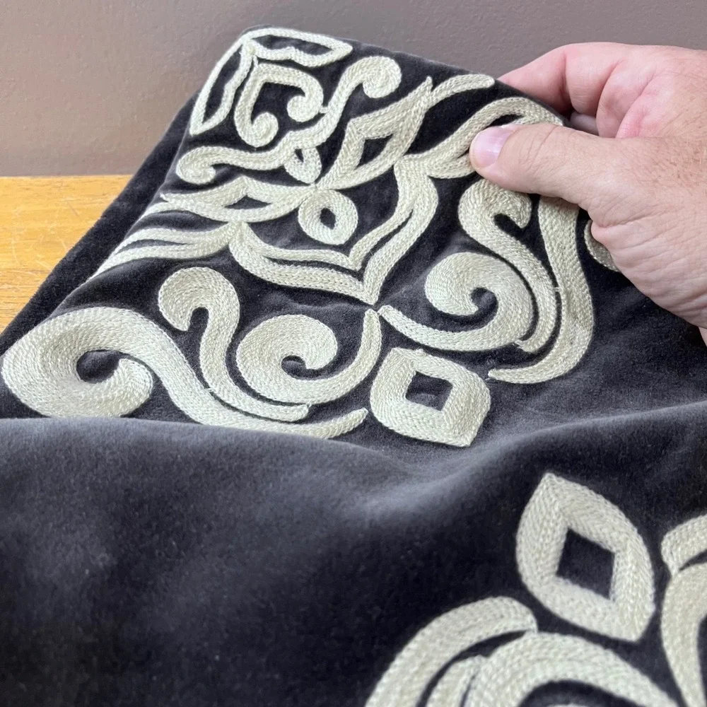 Pottery Barn 24x24 Charcoal Gray Cotton Velvet Embroidered Mandala Pillow Cover
